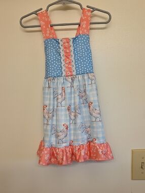 Girls Blue & Coral Rooster Print Casual Sundress